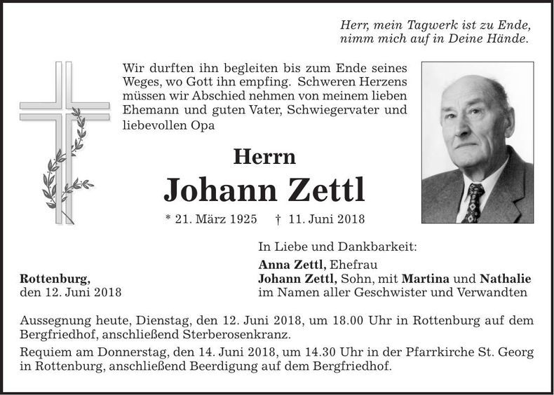 Traueranzeige Johann Zettl