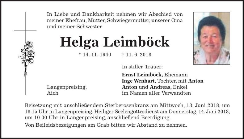 Traueranzeige Helga Leimböck