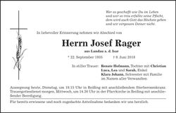 Traueranzeige Josef Rager