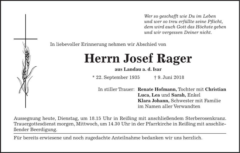 Traueranzeige Josef Rager