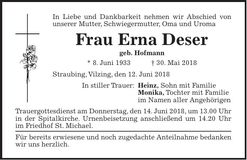 Traueranzeige Erna Deser