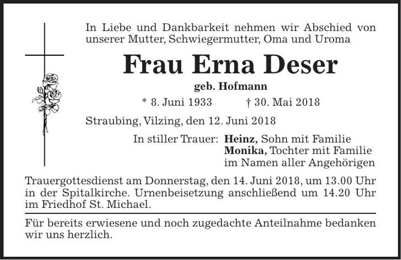 Traueranzeige Erna Deser