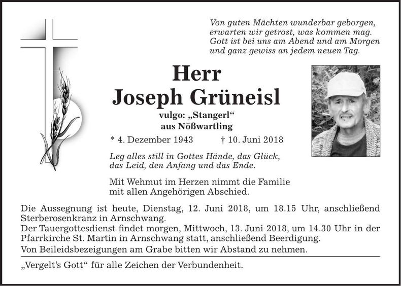 Traueranzeige Joseph Grüneisl