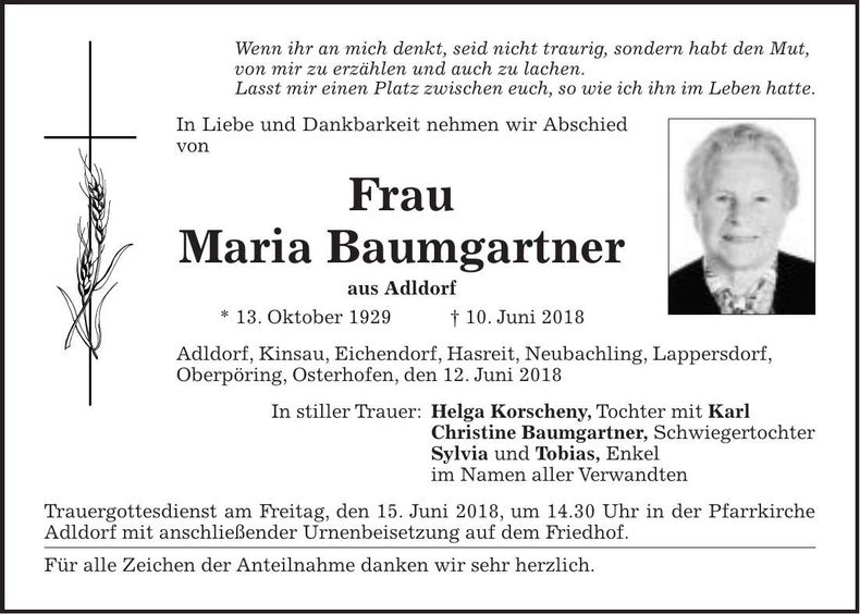 Traueranzeige Maria Baumgartner
