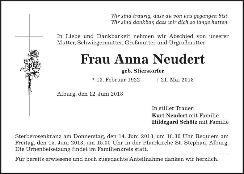 Traueranzeige Anna Neudert