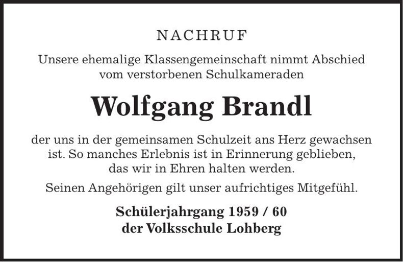Traueranzeige Wolfgang Brandl