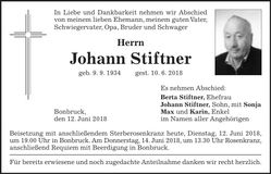 Traueranzeige Johann Stiftner