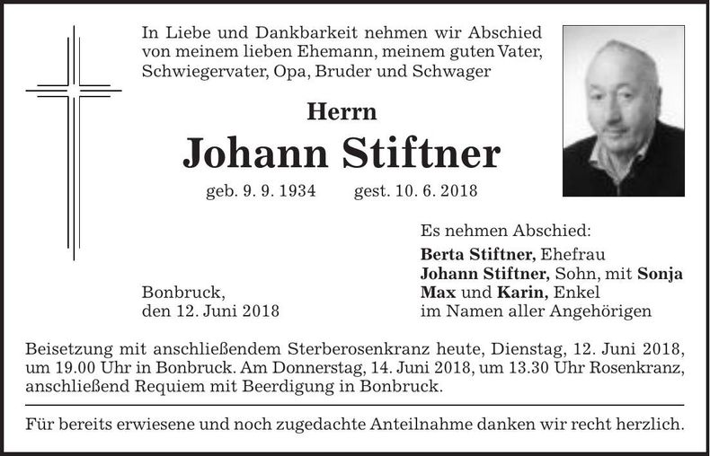 Traueranzeige Johann Stiftner