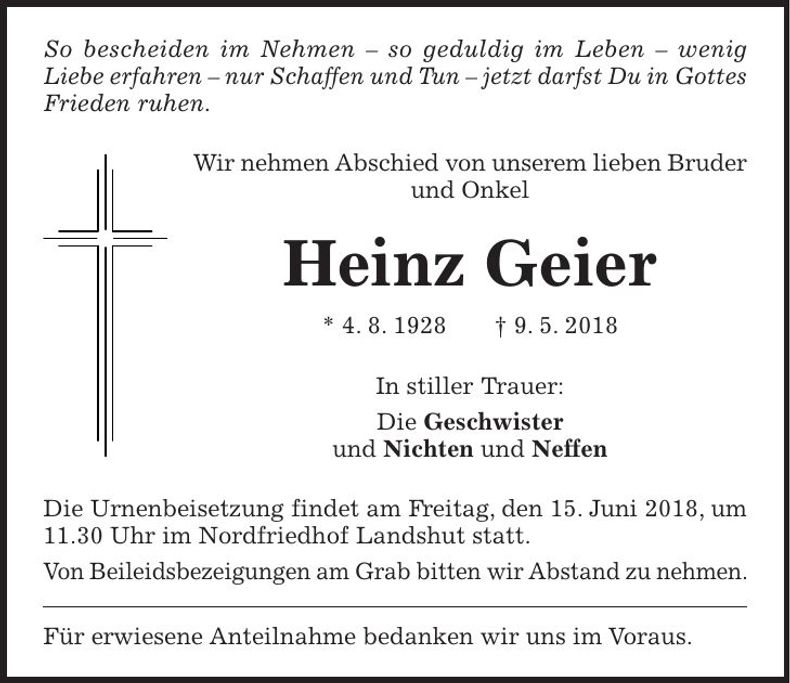 Traueranzeige Heinz Geier