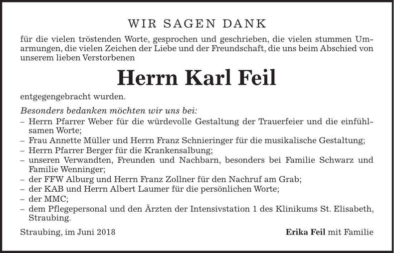 Traueranzeige Karl Feil
