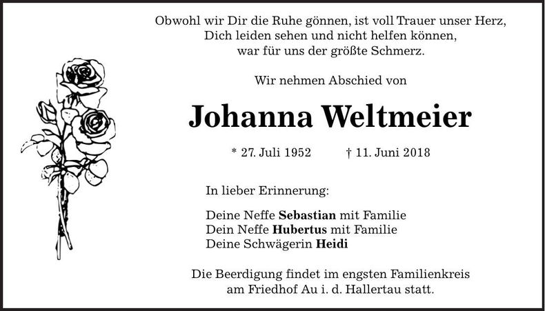 Traueranzeige Johanna Weltmeier