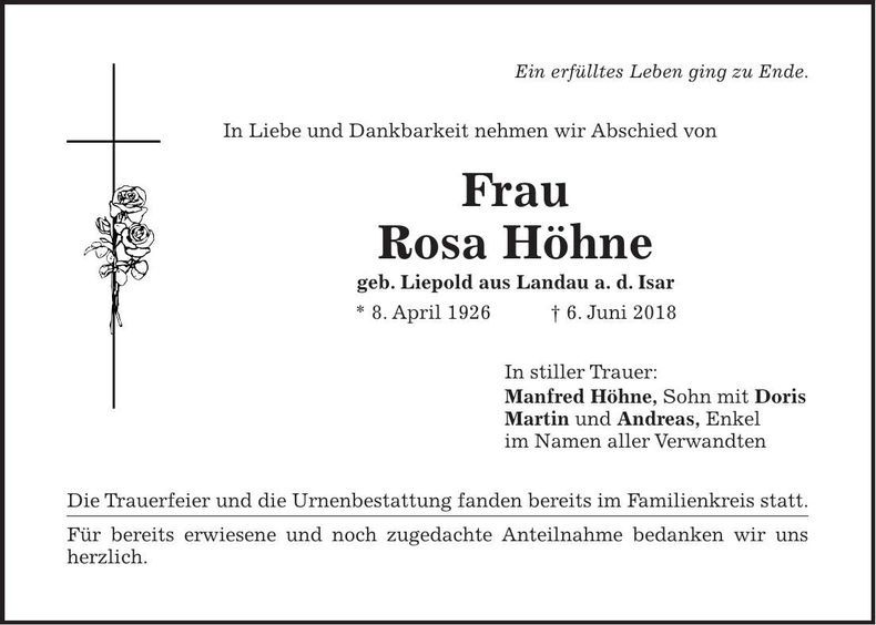 Traueranzeige Rosa Höhne