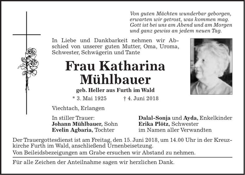 Traueranzeige Katharina Mühlbauer