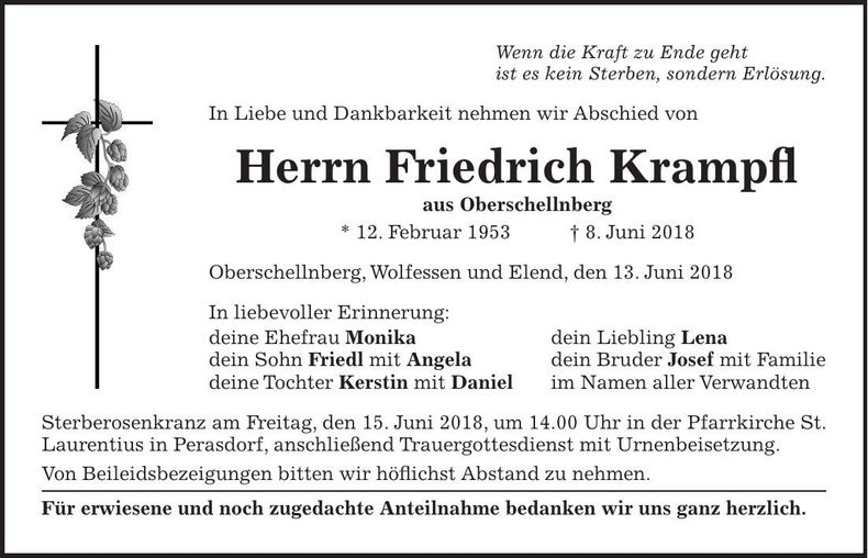 Traueranzeige Friedrich Krampfl