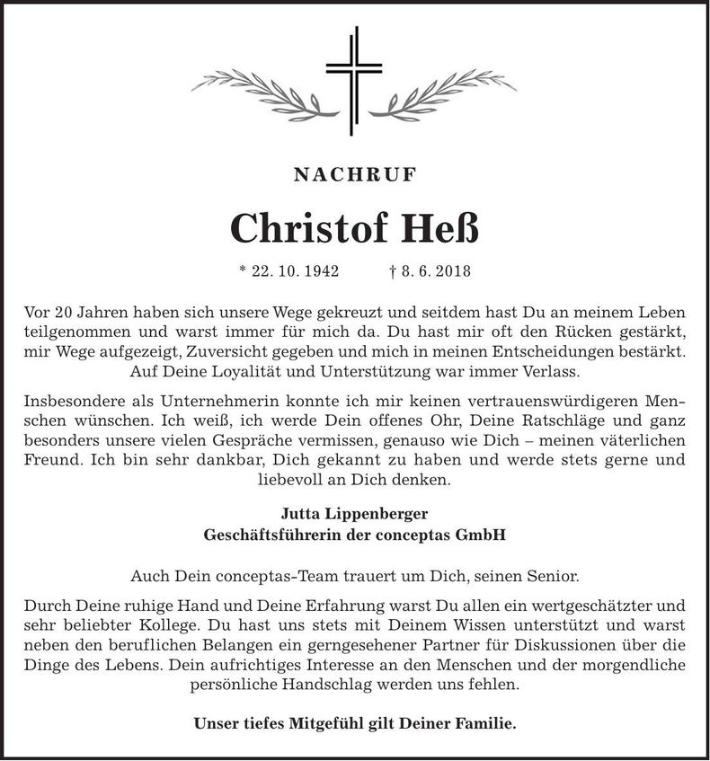 Traueranzeige Christof Hess