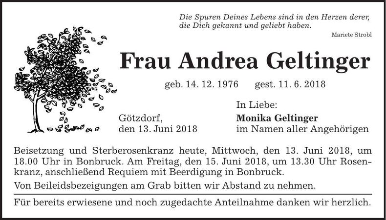 Traueranzeige Andrea Geltinger
