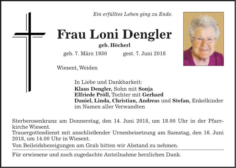 Traueranzeige Loni Dengler
