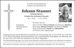 Traueranzeige Johann Stauner