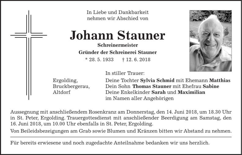 Traueranzeige Johann Stauner