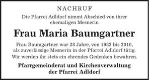 Traueranzeige Maria Baumgartner