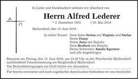 Traueranzeige Alfred Lederer