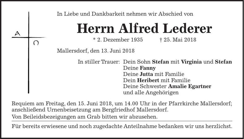 Traueranzeige Alfred Lederer