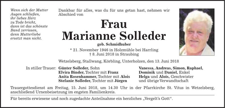 Traueranzeige Marianne Solleder