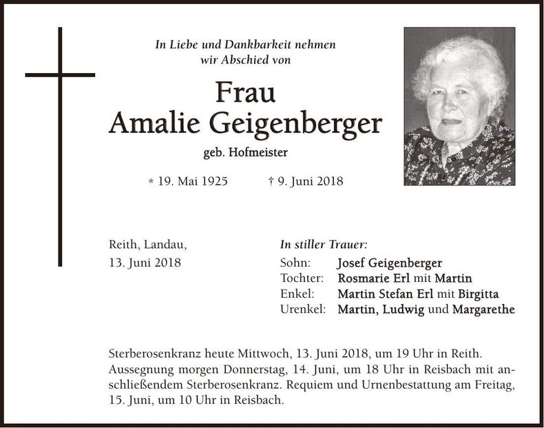 Traueranzeige Amalie Geigenberger