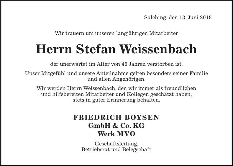 Traueranzeige Stefan Weissenbach