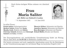 Traueranzeige Maria Saliter