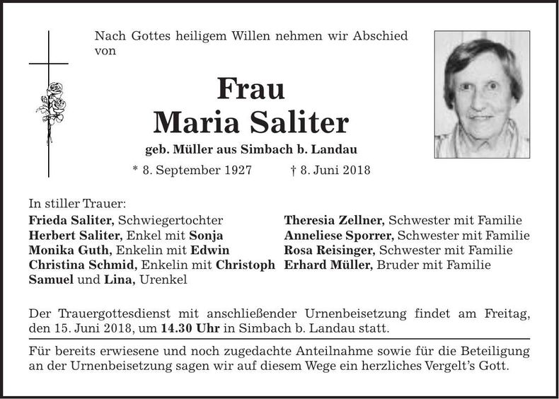 Traueranzeige Maria Saliter