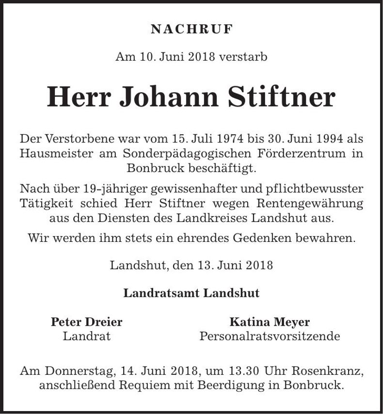 Traueranzeige Johann Stiftner