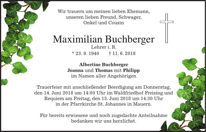 Traueranzeige Maximilian Buchberger