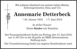 Traueranzeige Annemarie Detterbeck