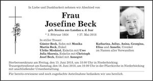 Traueranzeige Josefine Beck