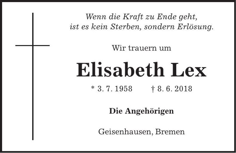 Traueranzeige Elisabeth Lex