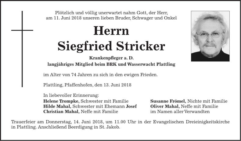 Traueranzeige Siegfried Stricker
