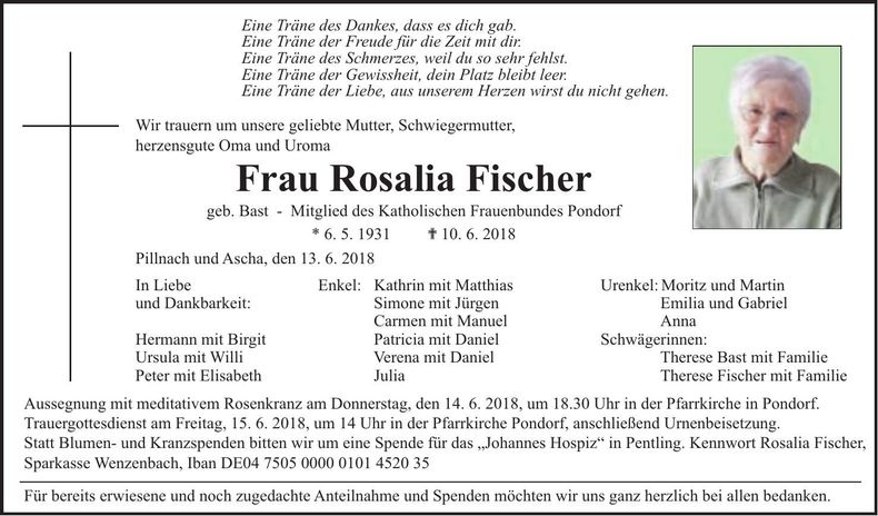 Traueranzeige Rosalia Fischer