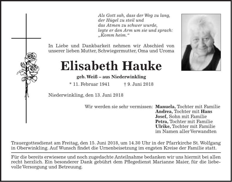 Traueranzeige Elisabeth Hauke