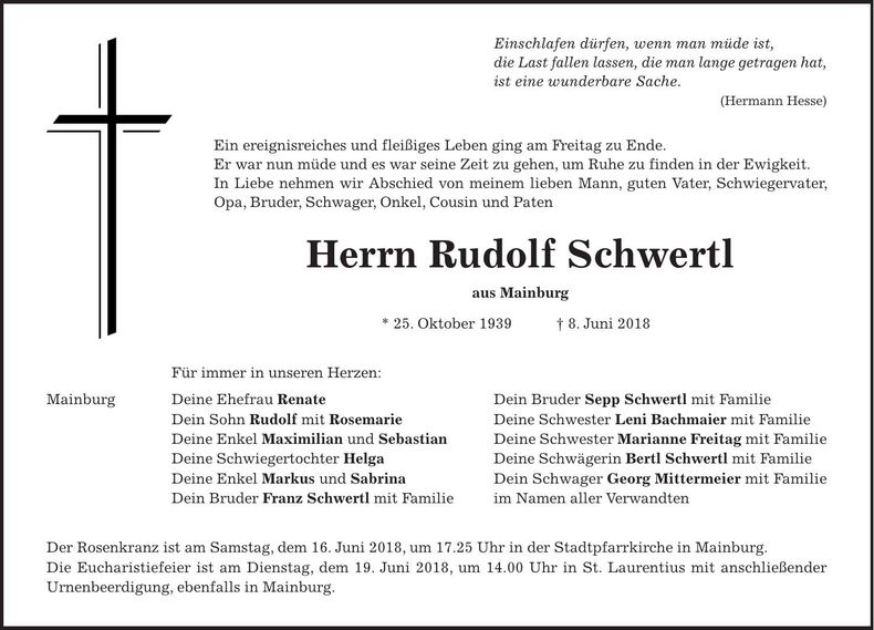 Traueranzeige Rudolf Schwertl