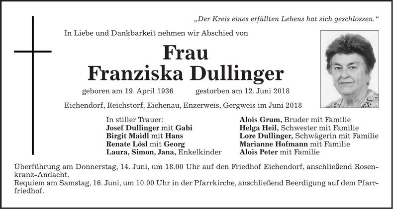 Traueranzeige Franziska Dullinger
