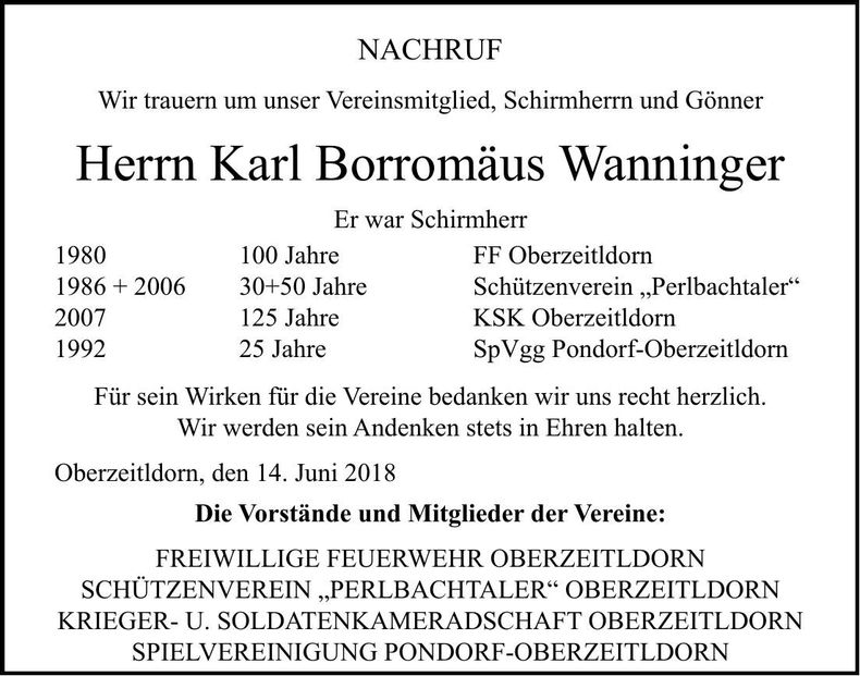 Traueranzeige Karl Borromäus Wanninger