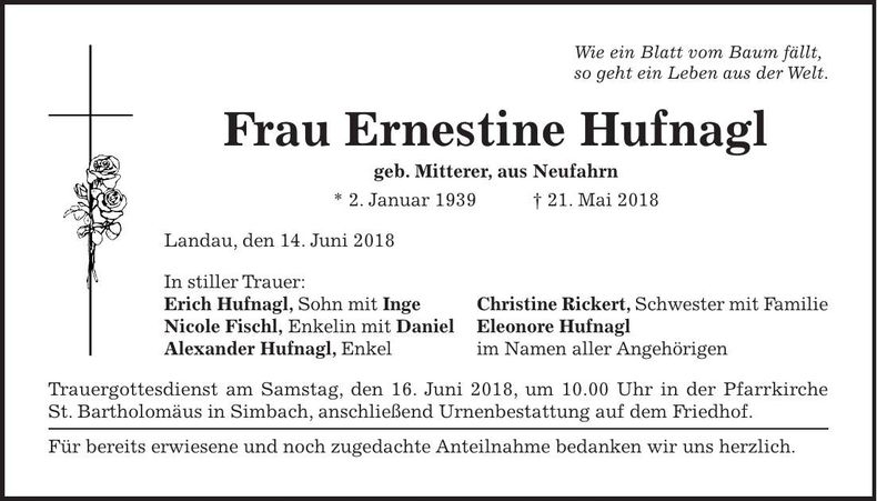 Traueranzeige Ernestine Hufnagl