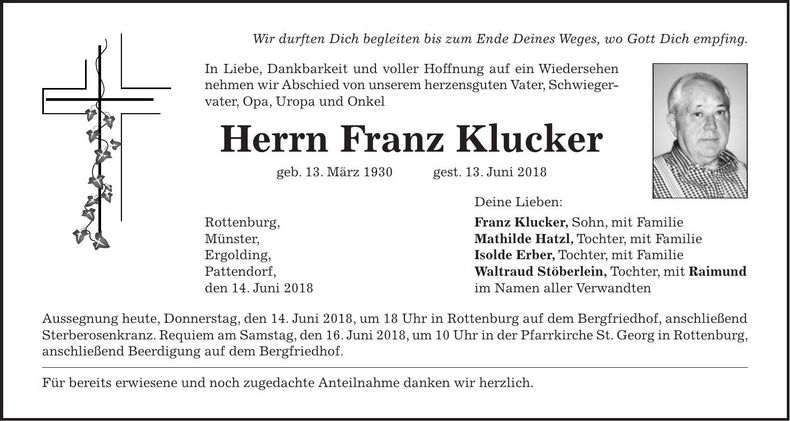 Traueranzeige Franz Klucker
