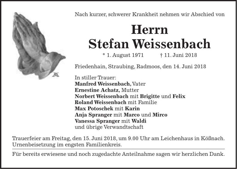 Traueranzeige Stefan Weissenbach
