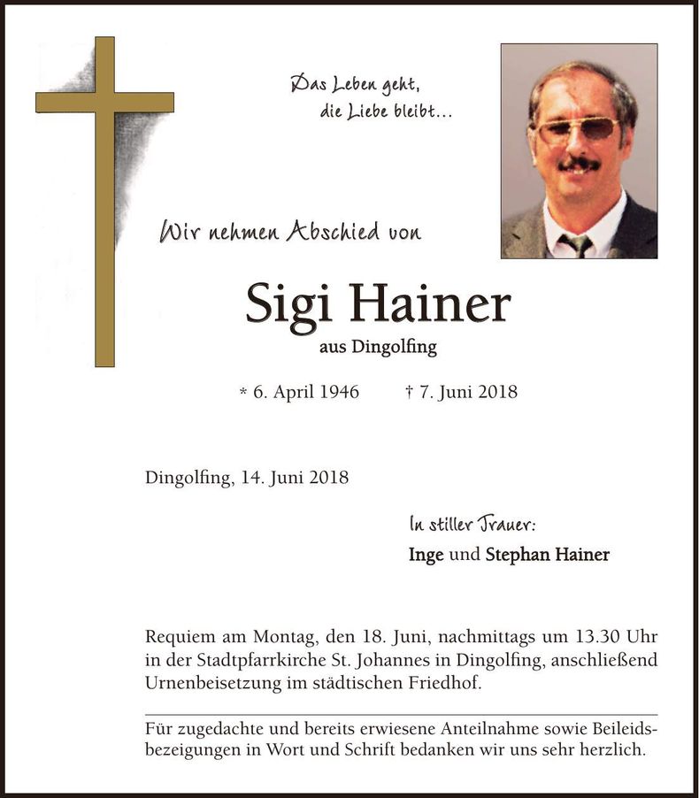 Traueranzeige Sigi Hainer