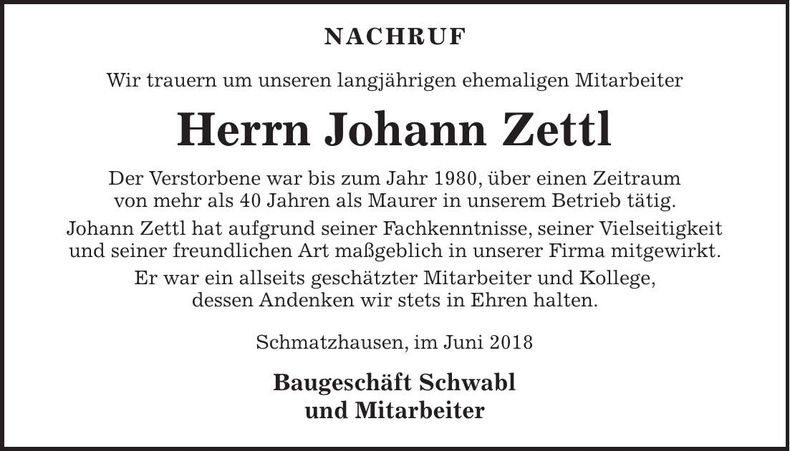 Traueranzeige Johann Zettl