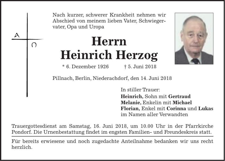 Traueranzeige Heinrich Herzog