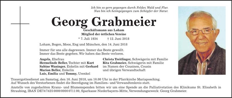 Traueranzeige Georg Grabmeier