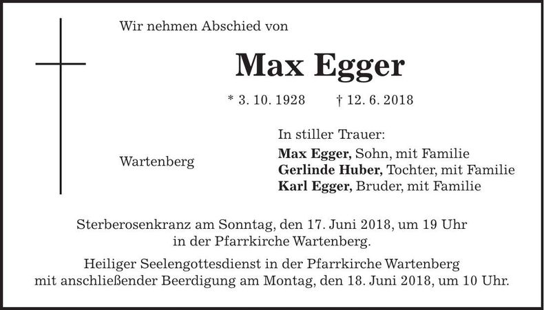 Traueranzeige Max Egger